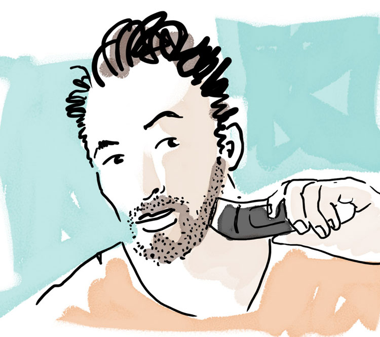 Hombre recortarse la barba con barbaero